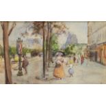 European School, mid/late 19th century- Figures along a Parisian boulevard; watercolour over