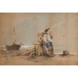 European School, mid 19th century- Fisherman on a shore and a rider with two horses; black chalk and