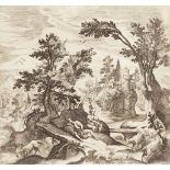 Aegidius Sadeler, Flemish 1570-1629- Pastoral scene with resting herdsmen, woodland and a village;