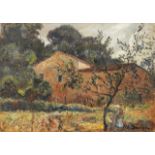 Jean Julien Denisse, French b.1866- Figure by a farm house with woodland; oil on panel, signed,