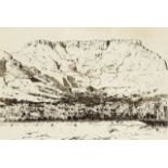 Tinus de Jong, South African 1885-1942, Cape Town and Table Mountain from the Bay; etching, signed