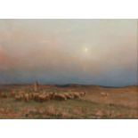 Georges Ricard-Cordingley, French 1873-1939- Shepherd and his flock at dusk under a rising moon; oil