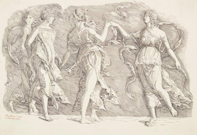 After Andrea Mantegna, Italian 1431-1506- Four Dancing Muses, c.1497; etching on laid paper, bears