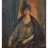 British Impressionist School, early 20th century- Seated lady in a feathered hat; oil on canvas,