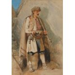 Carl Haag, German 1820-1915- Portrait of an Afghani gentleman standing-full length smoking a pipe;