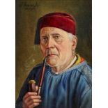 Walter Roessler, German 1893-1960- Man in a Fez smoking a pipe; oil on panel, signed and