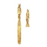 A French silver-gilt paper knife and seal, late 19th century, import mark, with figural handles, the