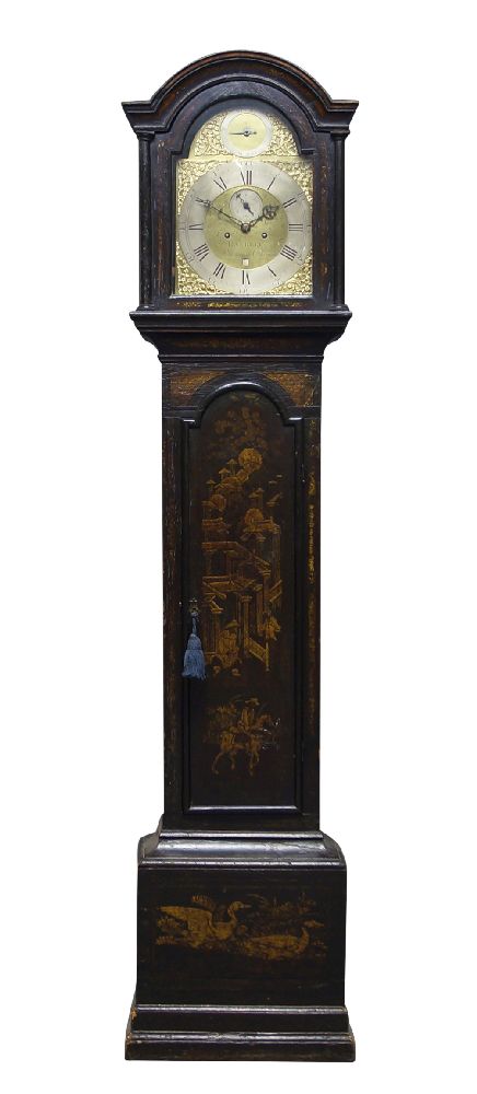 A George II black japanned longcase clock by Randell, Portsmouth Common, the case with an arched top