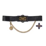 Chanel: a black leather and gilt metal chain belt, with oblong leather covered clasp with open