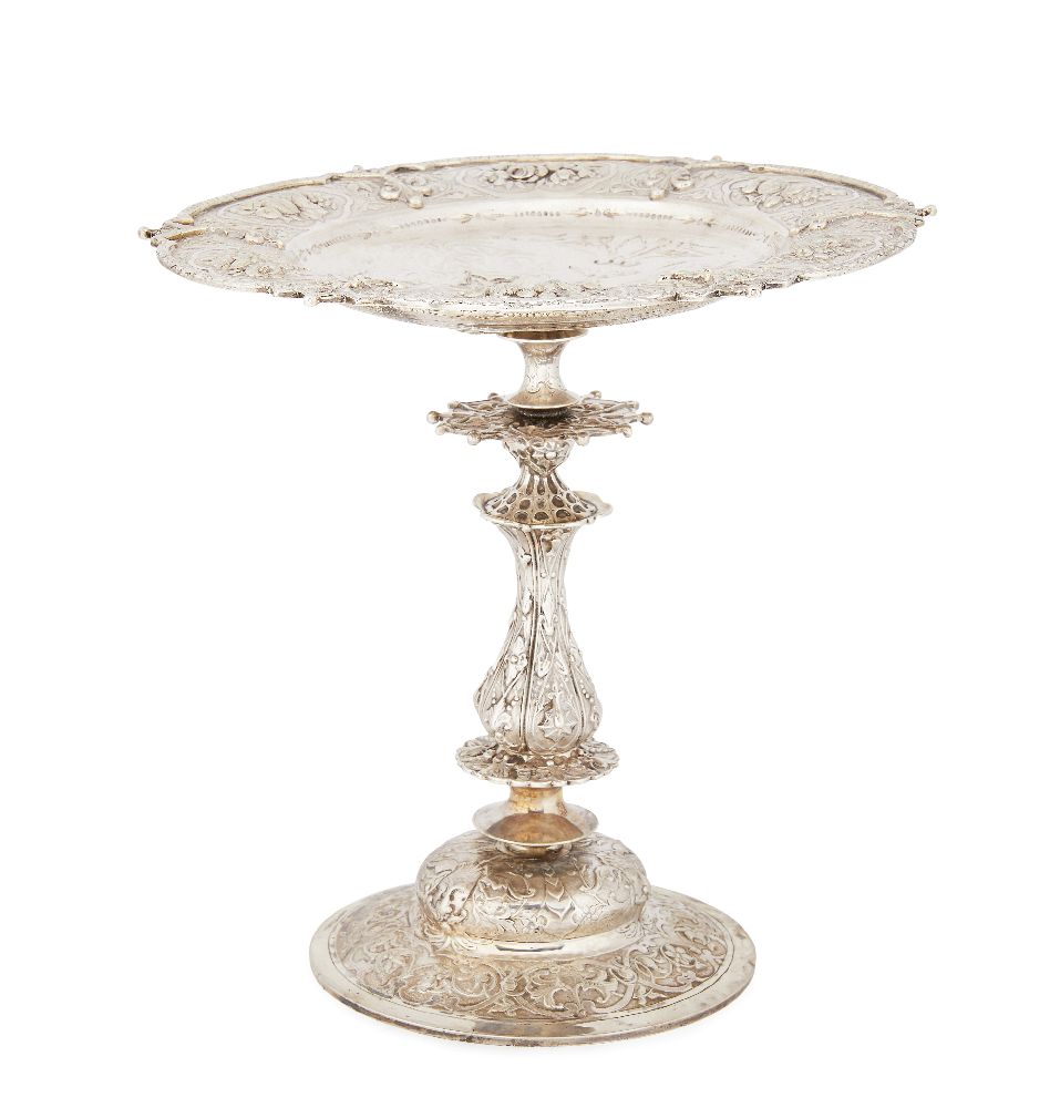 A Victorian silver tazza, London c.1864, Robert Hennell III, with embossed floral and fruit