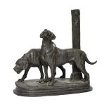 Paul Delabrierre, French, 1829-1912, Deux chiens de relais, a bronze model of two mastiffs chained