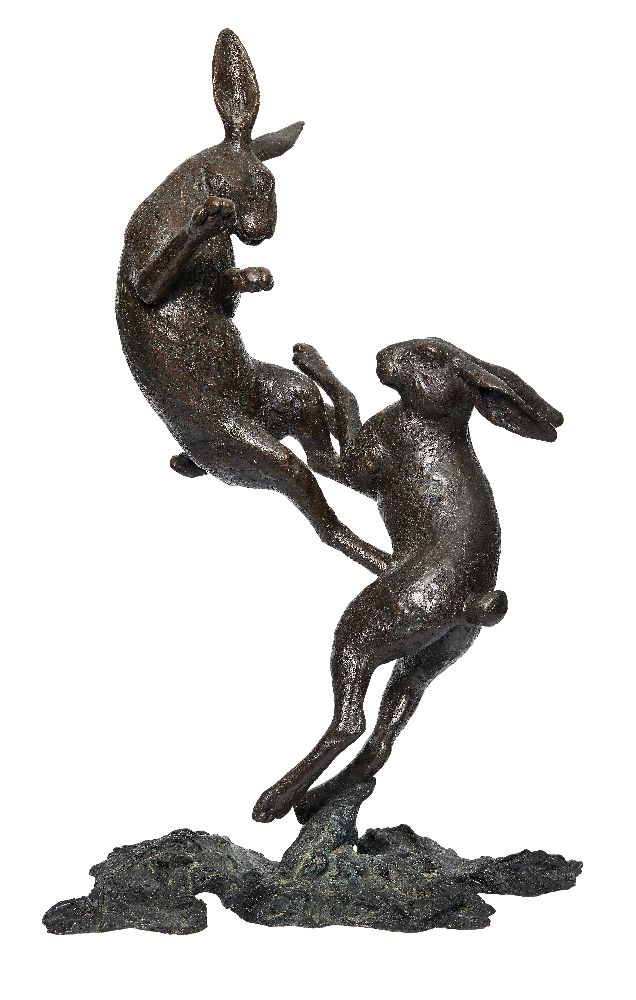 Michael Simpson, British, b.1951, a large bronze group of Boxing Hares, edition 2/21, inscribed to
