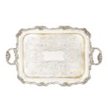 A silver twin handled tray, Birmingham c.1977, A. E. Poston & Co Ltd., with moulded foliate scroll