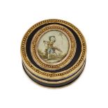 A French gold and tortoiseshell circular box, 19th century, the top inset with an oval miniature
