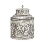 A Dutch silver tea caddy, second half 20th century, of oval form with repousse tavern scenes, lion