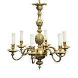 A French taste polished brass six-light chandelier, 20th century, with ring form suspension, the