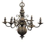 A Dutch style six light brass chandelier, 20th century, of typical form with bulbous form column