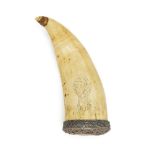 A white-metal mounted scrimshaw powder-horn, mid-19th century, with inked pin-prick decoration