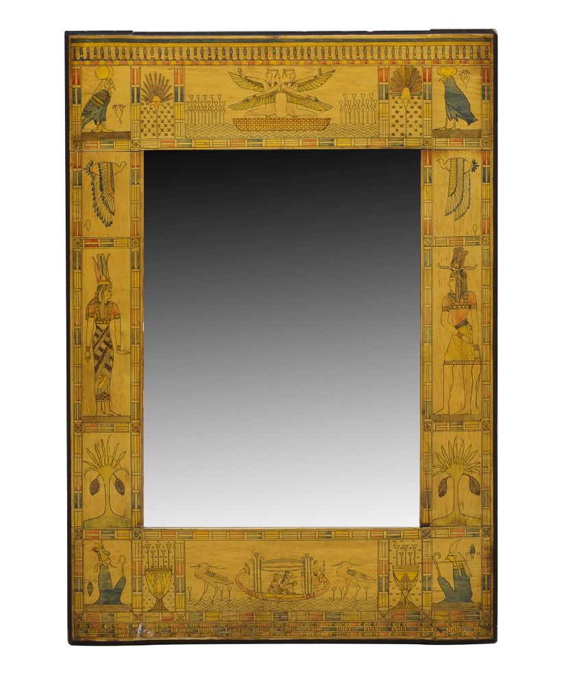 A fruitwood and penwork Egyptian style mirror, early 20th century, of rectangular form, the border