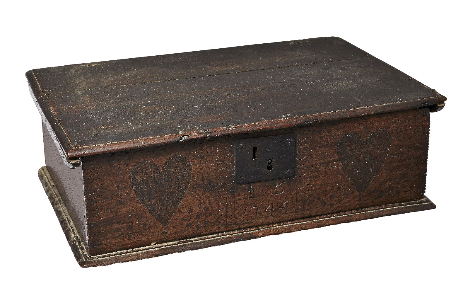 An oak marriage box, dated 1744, and later, the front with incised and stamped decoration of two