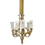 A French taste six light openwork bronze chandelier, 20th century, formed from three leaf applied