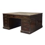 A Victorian mahogany partner's desk, the rectangular top with gadrooned edge and inset with green