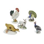 A group of five Meissen porcelain models of animals and birds, 20th century, all with blue crossed