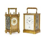 A French brass and enamelled carriage clock, late 19th/early 20th century, the case with reeded