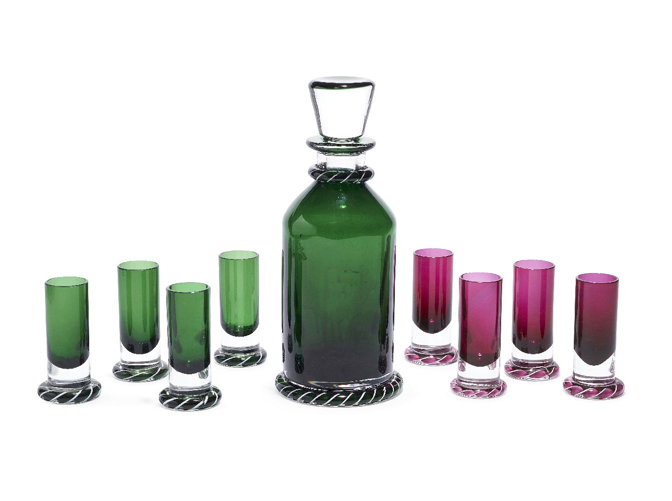 A St Louis coloured glass liquor set, French, modern, acid etched factory marks, comprising a