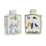 Two George III Prattware tea caddies, circa 1790, decorated in relief with "Macaroni" figures,