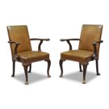 A pair of George III style armchairs, late 19th century, with rectangular backs and seats