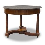 A large French Empire mahogany gueridon, early 19th century, the circular grey marble top, above