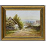 An English porcelain plaque decorated with a country view, 19th century, the pastoral scene with