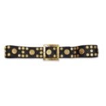 Chanel: a black leather and and gilt metal coin belt, with large square open buckle stamped Chanel