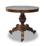 A French mahogany gueridon, mid 19th century, with circular grey and white veined marble top, on