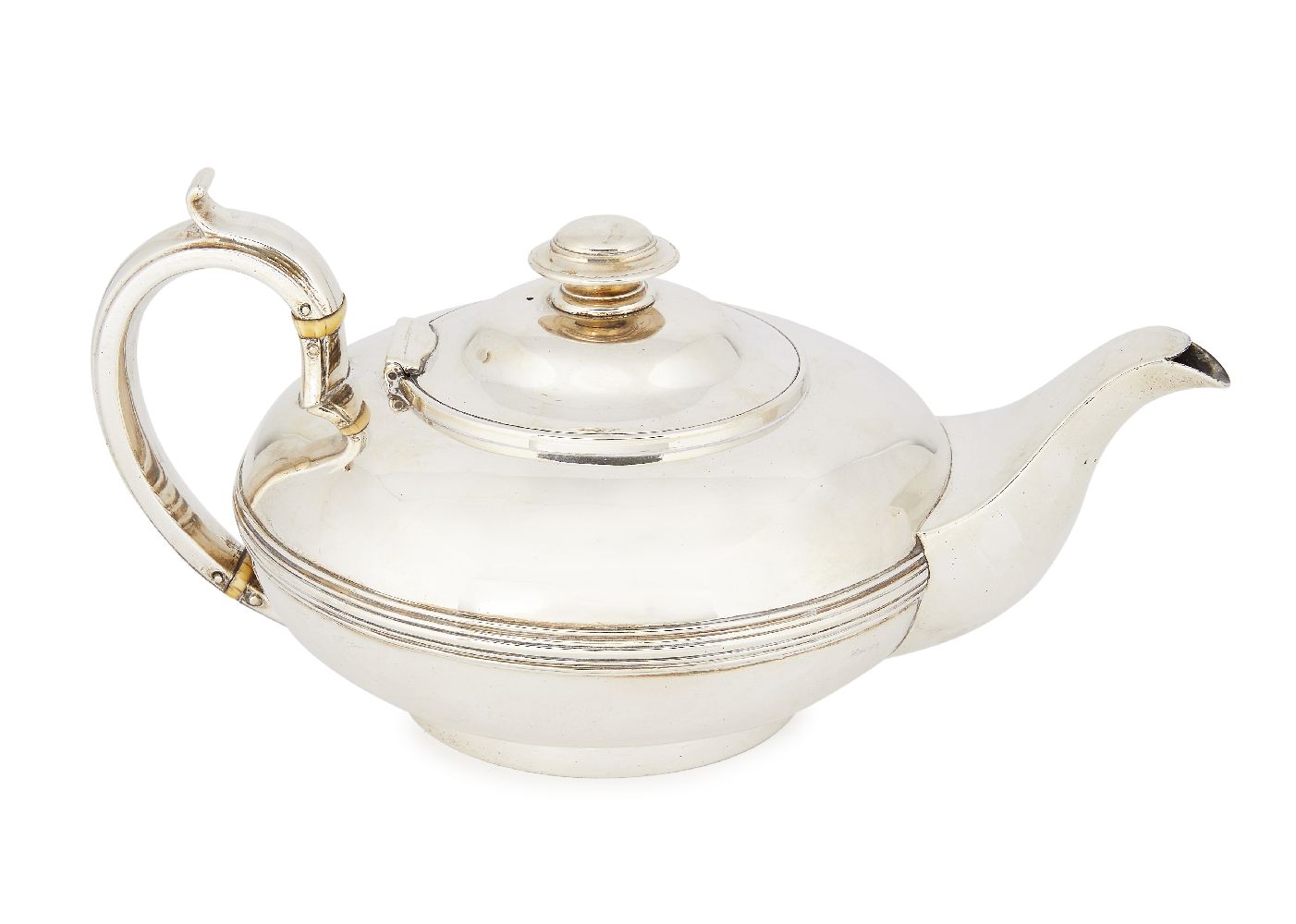 A George IV silver teapot, London c.1828, Rebecca Emes & Edward Barnard I, of squat circular form,