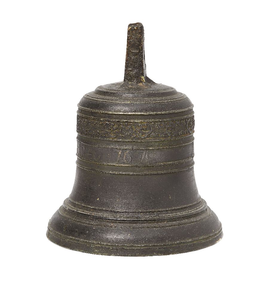 A Flemish bronze bell, by Van Laer, 1767, with foliate cast band above the inscription VAN LAER ME F
