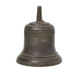 A Flemish bronze bell, by Van Laer, 1767, with foliate cast band above the inscription VAN LAER ME F