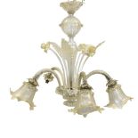 A Venetian clear and parcel-gilt glass five light chandelier, 20th century, with ball and baluster