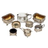 A collection of various silver cruets, to include mustards and salts, together with a pair of silver