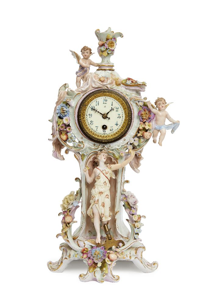 A Sitzendorf porcelain clock, late 19th/early 20th century, the case of architectural form decorated