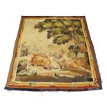 An Aubusson tapestry, 18th century and reduced, woven with a pastoral scene of country lovers in the