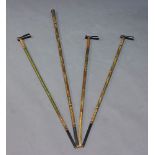 A set of four painted and gilt walking sticks, probably Kashmiri, 20th century, the longest 133cm (