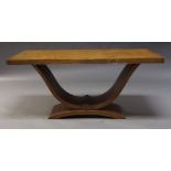 A French Art Déco Hungarian ash veneered console table, the rectangular top on downward curved