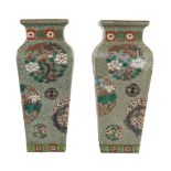 A pair of Japanese square vases, early 20th century, painted in enamels with birds and floral
