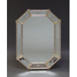 A Venetian mirror, late 20th Century, of octagonal form, the foliate etched border with applied rope