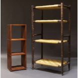 A large set of stained wood and wicker-work, free standing shelves, late 20th Century, the turned