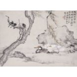 20th century Chinese School, ink and colour on paper, hanging scroll, ducks and magpies, 30cm x 40.