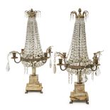 A pair of French gilt-brass and glass four-light candelabra, 20th century, on marble and faux marble