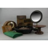 An ebonised wood and brass shaving mirror, late 19th/early 20th century, 41cm high, together with
